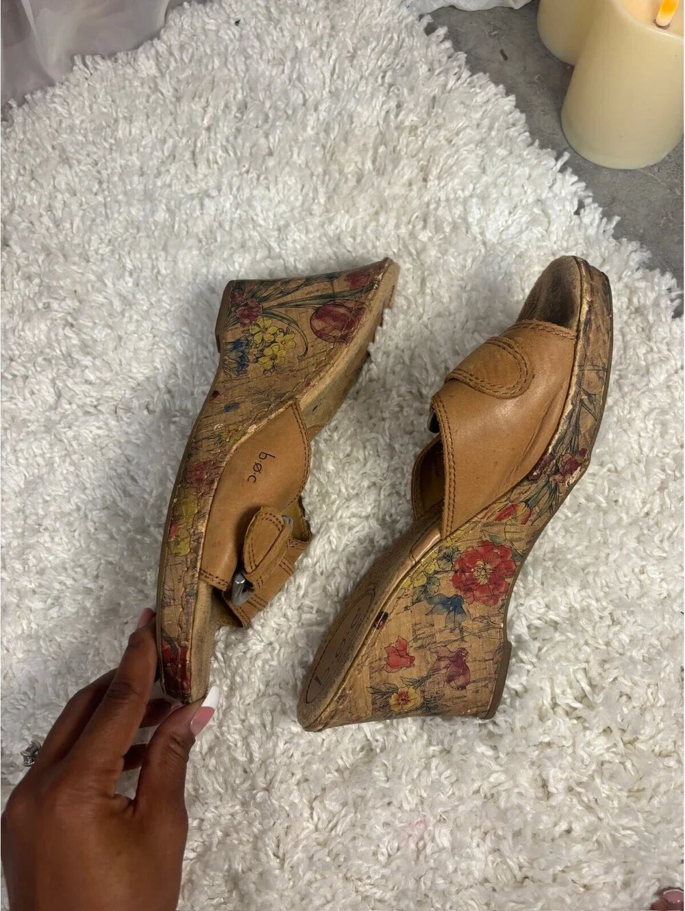 b.o.c. by Born Tan Floral Cork Wedge Slide Sandals Size 8 Boho Vacation Y2K